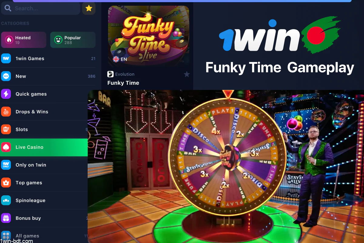 Place bets, spin the wheel, and win based on 1win's Funky Time results