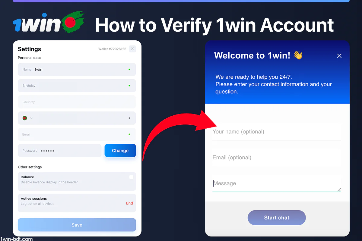 Verify 1win account by submitting documents through live chat