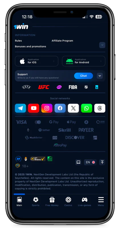 1win mobile app screenshot