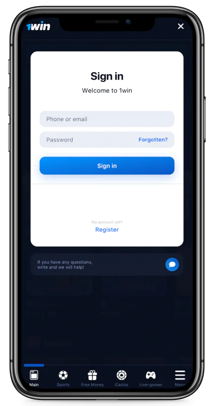 1win mobile app screenshot login