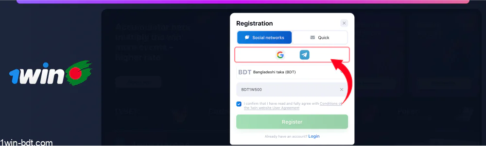 User selects social network for sign-up
